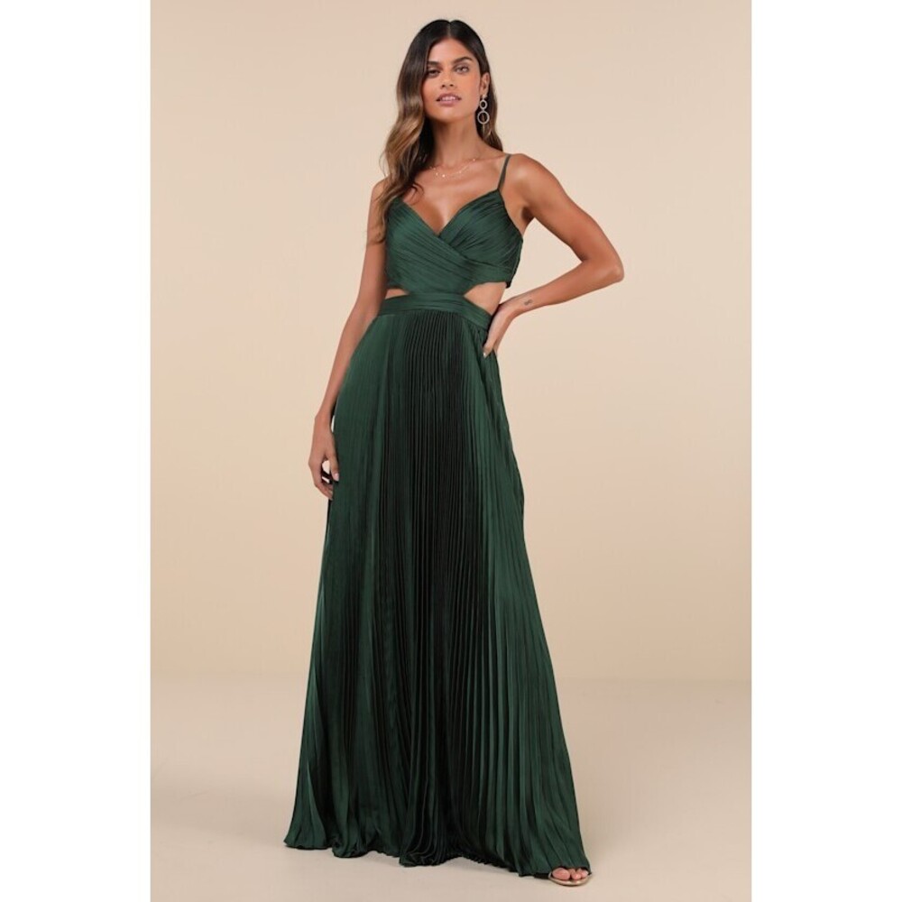 Lulus Got The Glam Emerald Green Pleated Cutout Maxi Dress - Size XXS